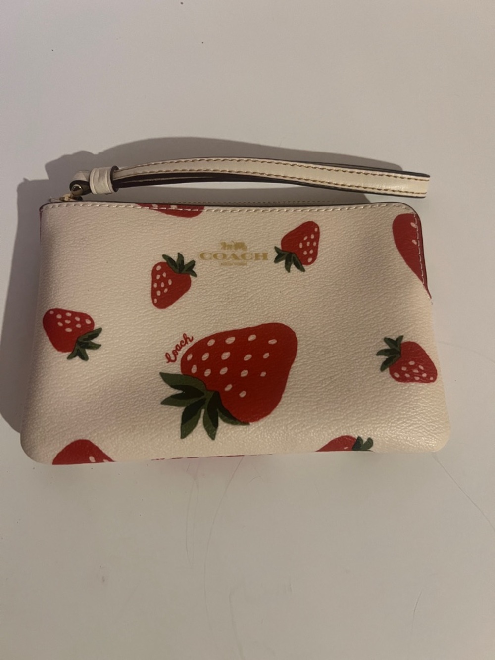 Coach Strawberry Print Wristlet - Cream, Red, Green Flaw see pics